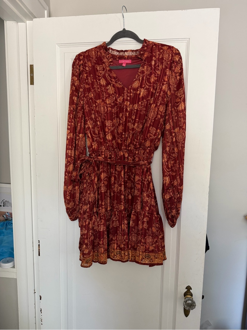Flying Tomato Women’s Floral Long Sleeve Mini Dress - Red & Gold